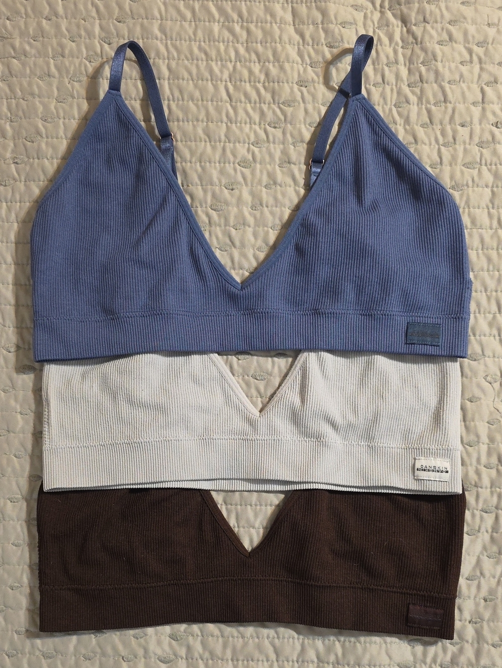 Danskin Ribbed V-Neck Bralette Trio - Blue, White, Brown